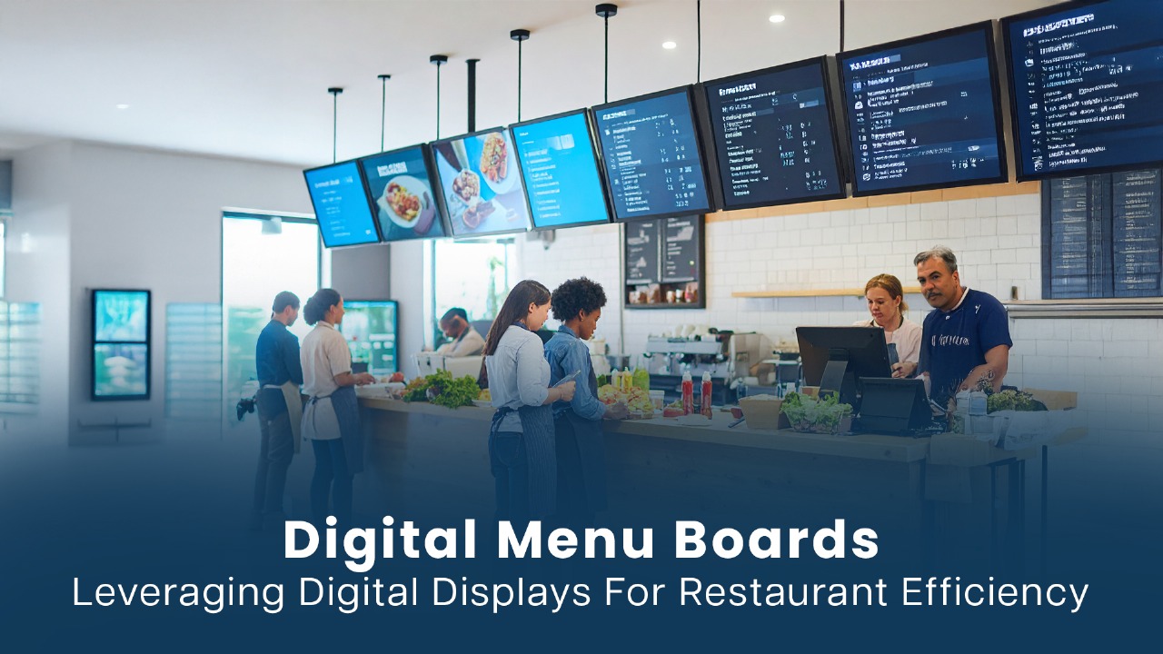 Modern restaurant with digital menu boards displaying food options above the counter while staff serve customers.