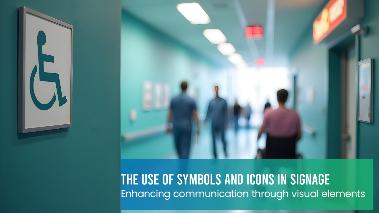 Universal icons on public signage panel with arrows, restroom, and exit symbols Image Caption Example of universally recognized signage icons for public wayfinding Image Description A signage panel displaying common symbols such as arrows, restrooms, and exits used for clear public guidance.