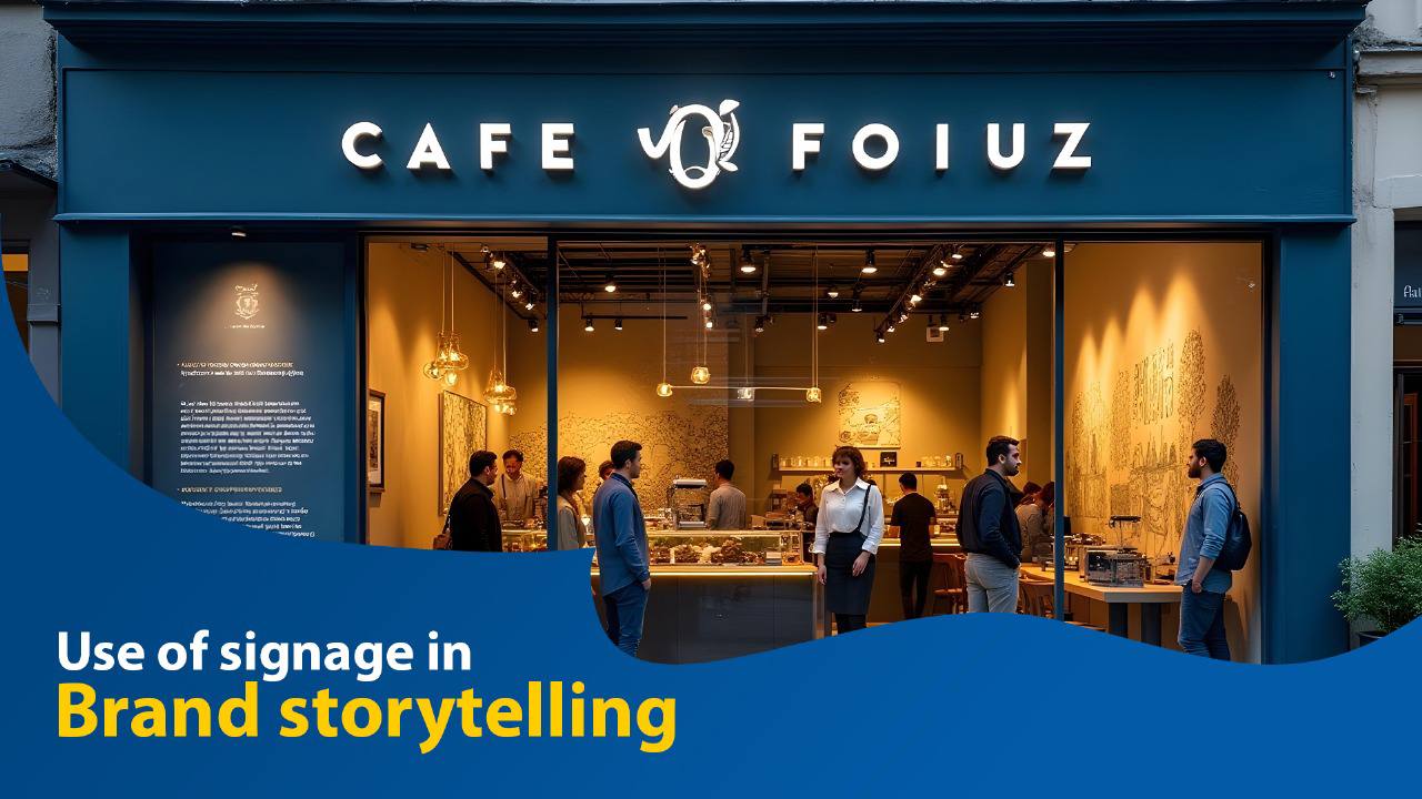 “A modern retail store showcasing brand storytelling through custom-designed signage with bold typography and vibrant colors.”