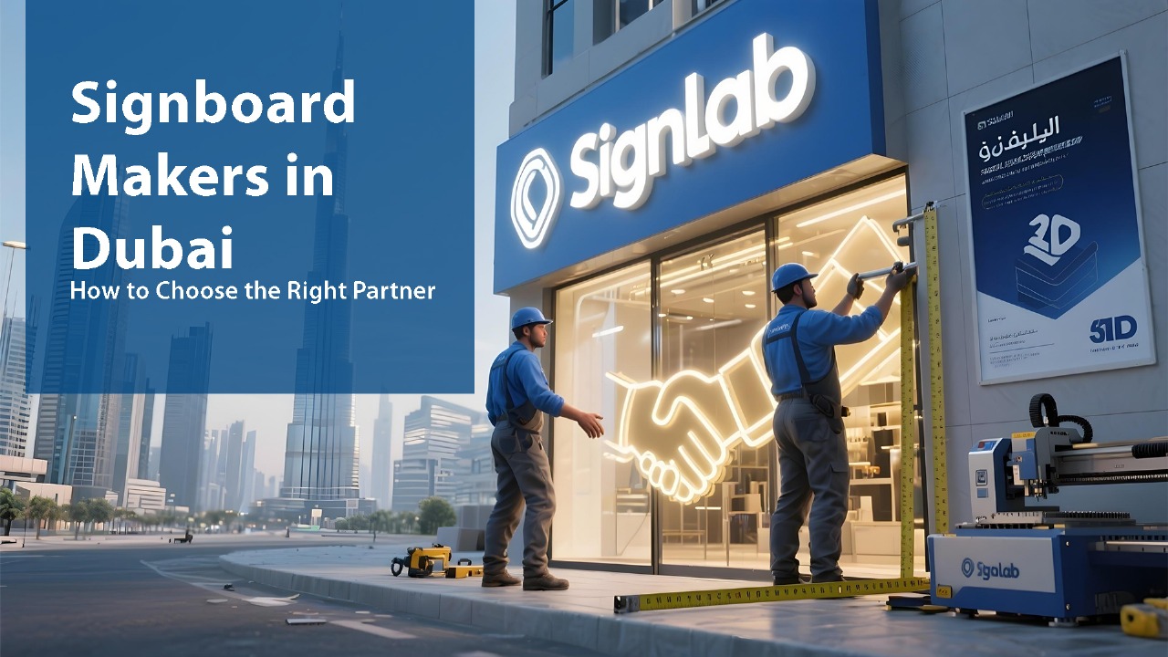 Professional signboard makers in Dubai designing a custom business sign