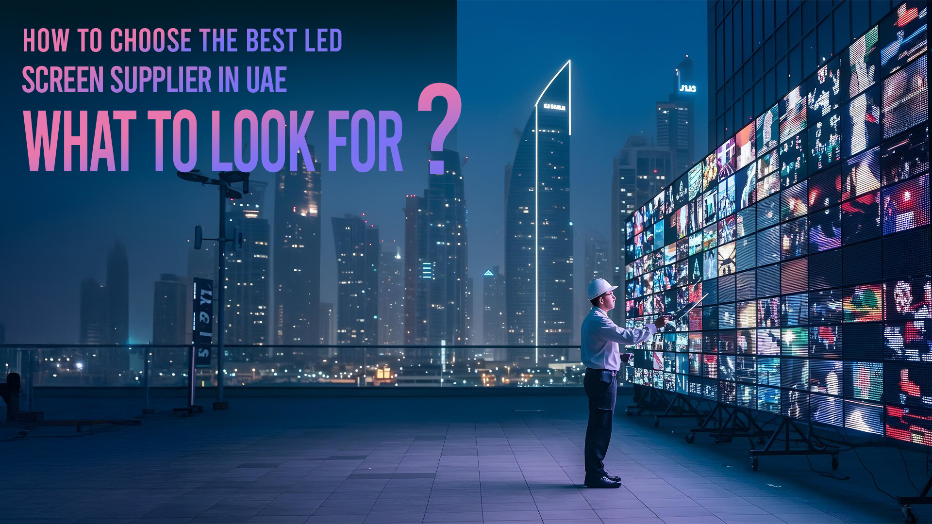 Business owner reviewing LED screen display setup in Dubai showroom- professional LED screen supplier in UAE