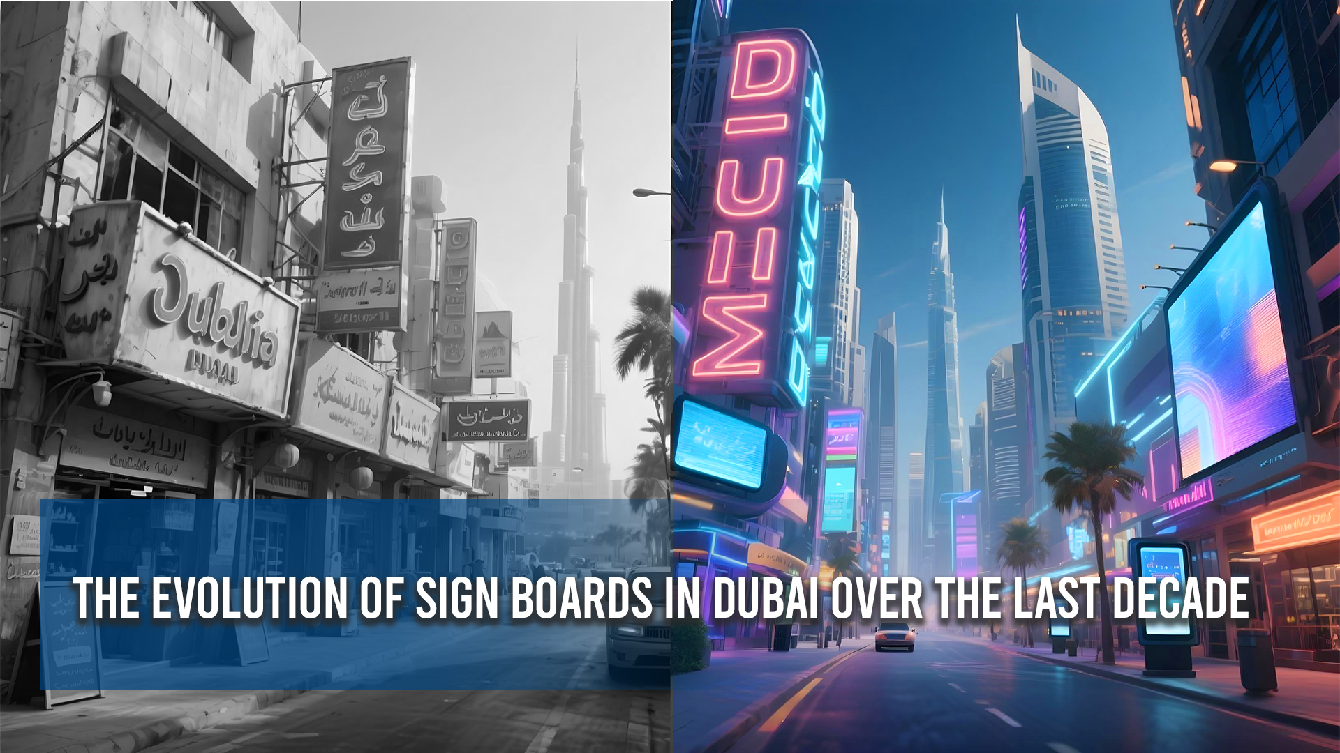 Side-by-side comparison of old traditional signboards and modern illuminated digital signage in Dubai, showing the evolution of signage over the last decade.