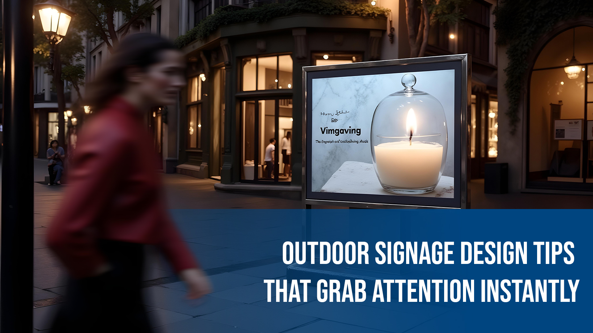 Outdoor signage display on a city street showing a candle advertisement, demonstrating effective sign design that captures attention