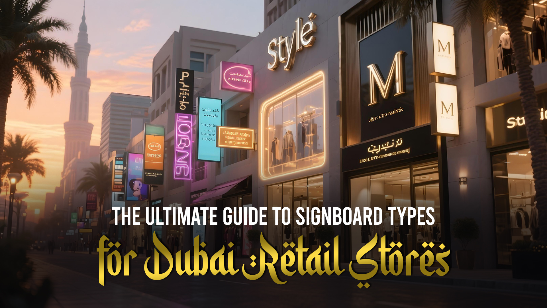Modern retail street in Dubai showcasing various shop signboard types including 3D signage, LED signs, and illuminated shopfront displays.
