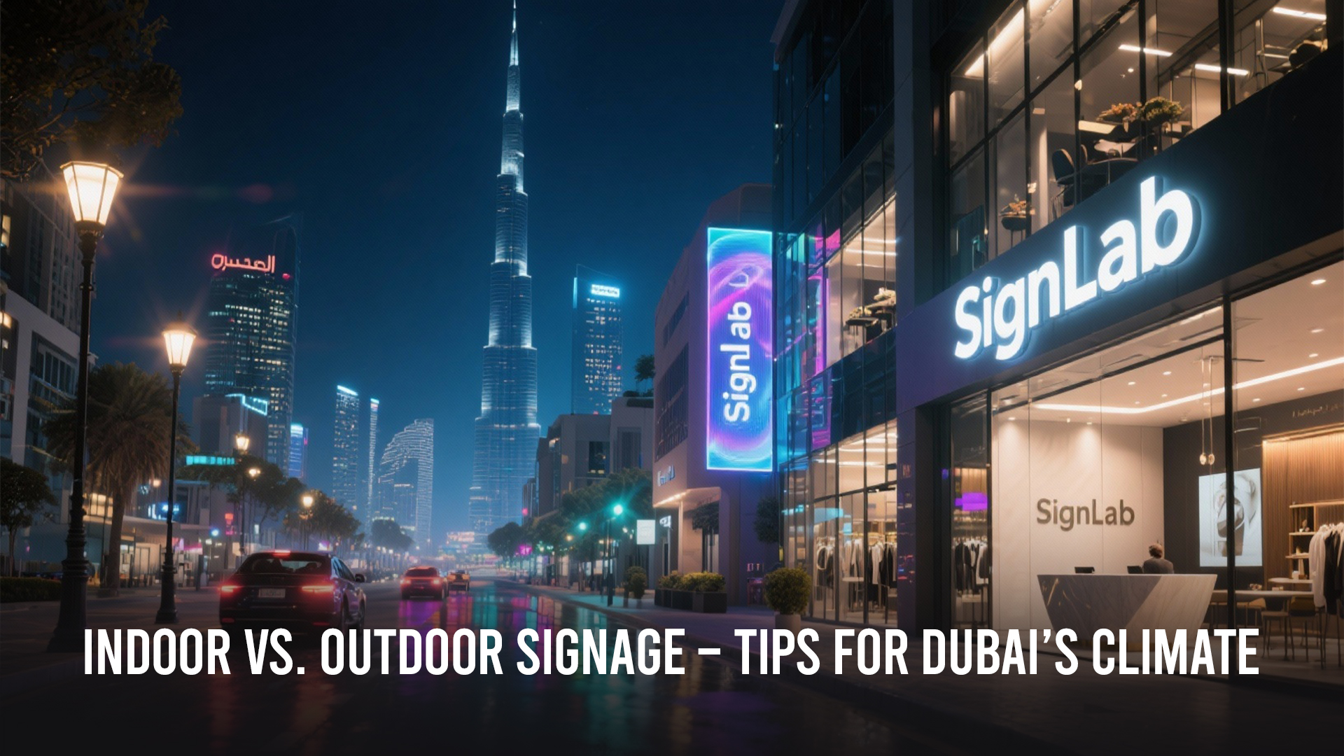 Indoor and outdoor signage comparison in Dubai showing illuminated storefront signage designed for extreme climate conditions